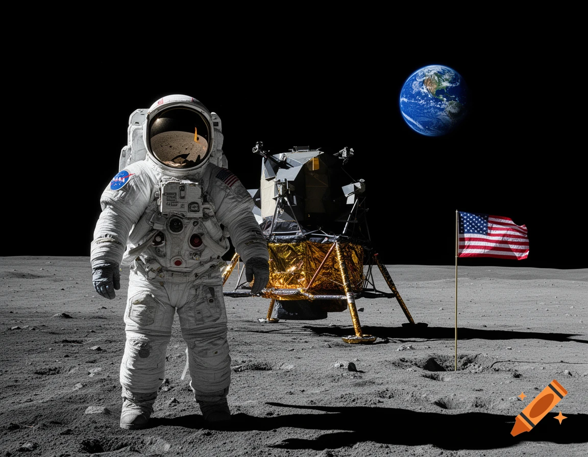 Photorealistic image of an astronaut standing on the moon next to a lunar lander and an American flag, with Earth in the distance.