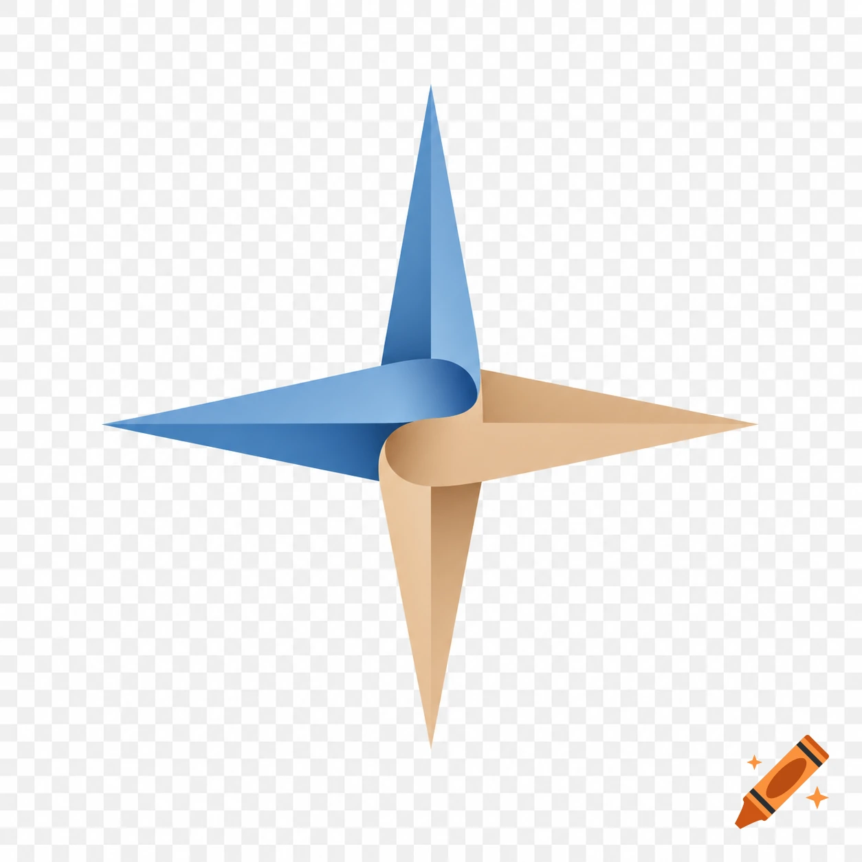 Abstract logo of a four-pointed compass rose made from intertwined blue and light brown folded ribbons on a transparent background.
