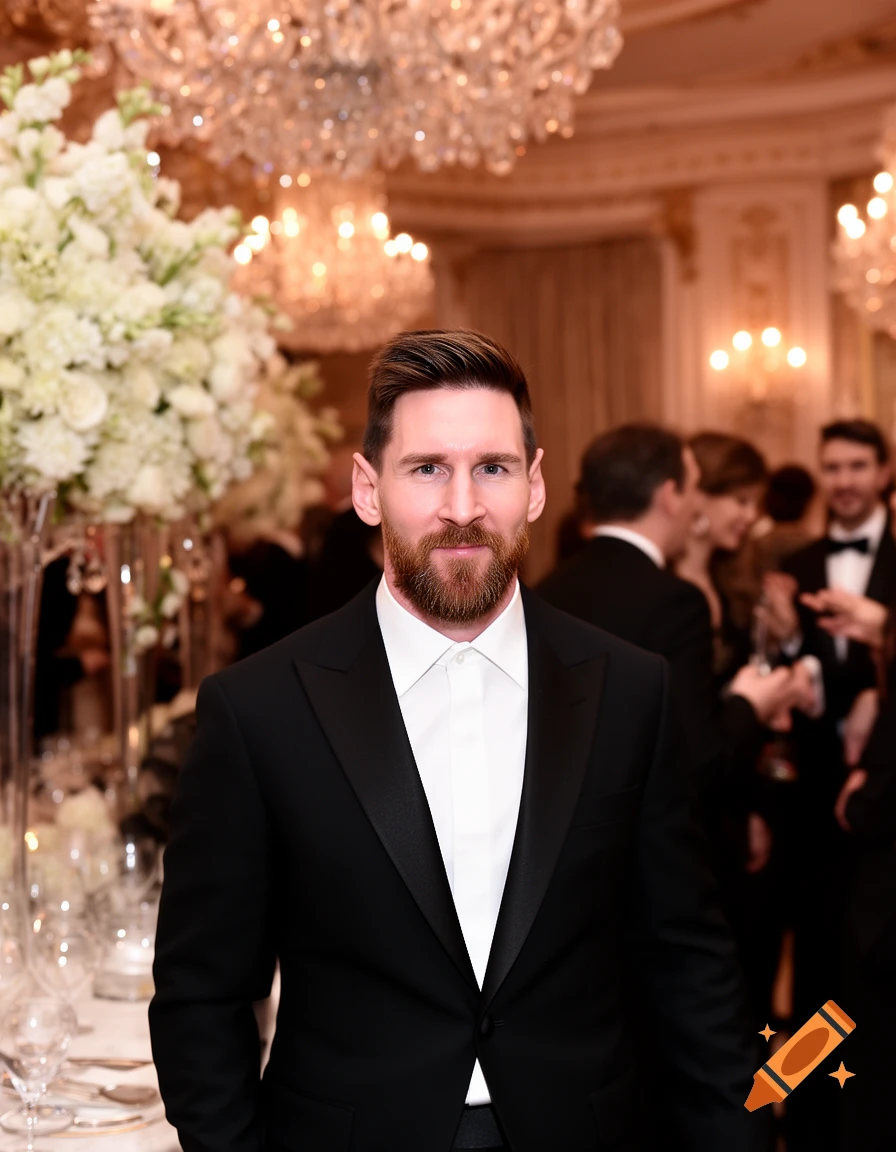 Lionel Messi in a black tuxedo and white shirt, smiling at a formal gala with chandeliers and white flowers.