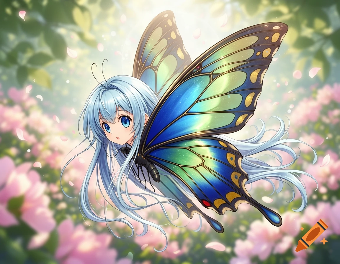 Anime girl with blue hair and large blue-green butterfly wings hovers in a dreamy floral garden.