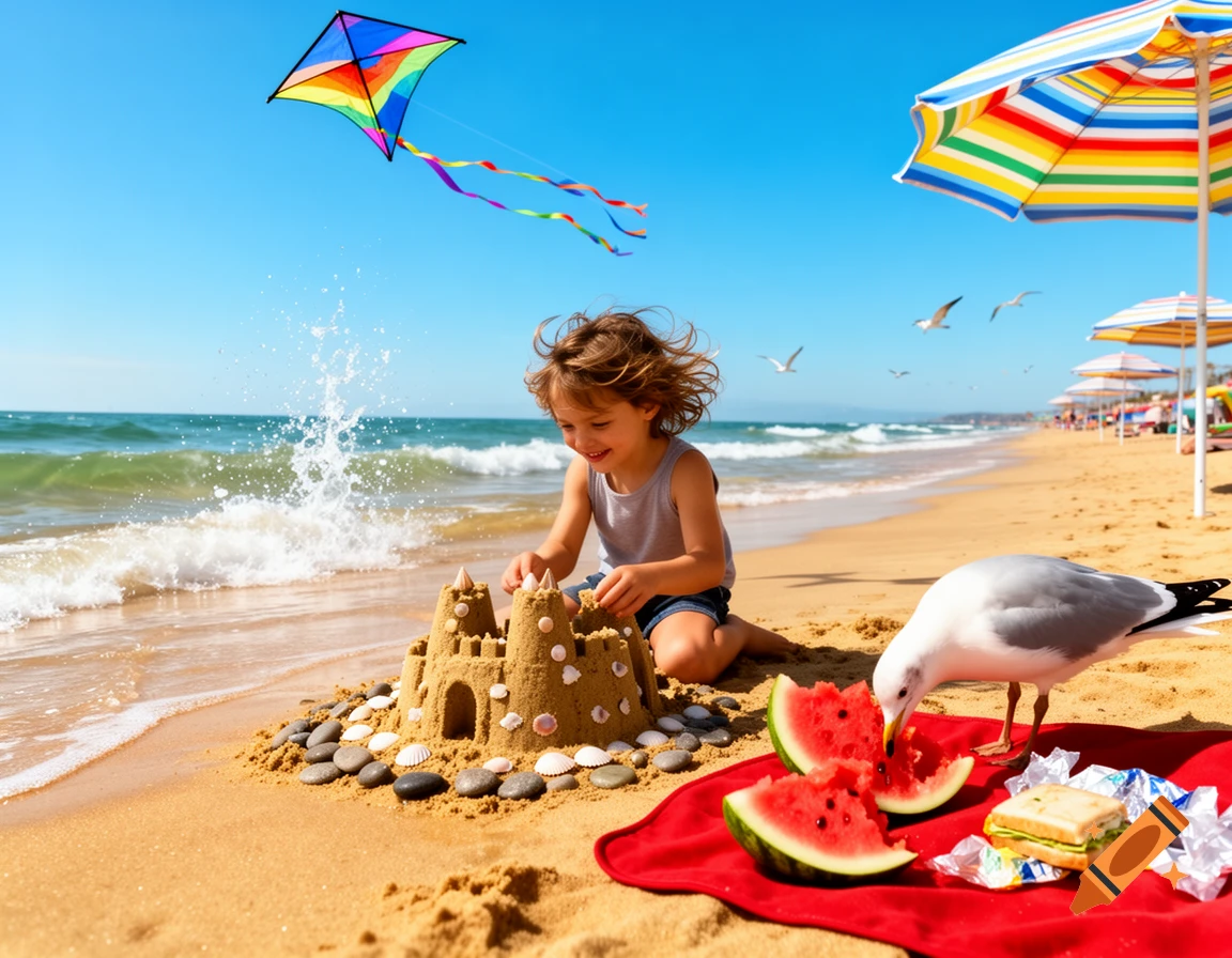 A happy child builds a sandcastle on a sunny beach with a colorful kite flying, a seagull, and watermelon.