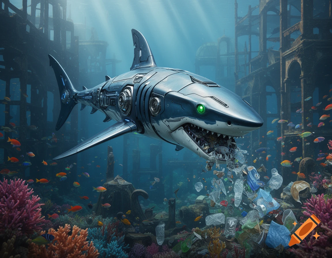 A shiny metallic robot shark with glowing green eyes swims underwater, devouring plastic trash amidst colorful coral reefs, fish, and sunken ruins.