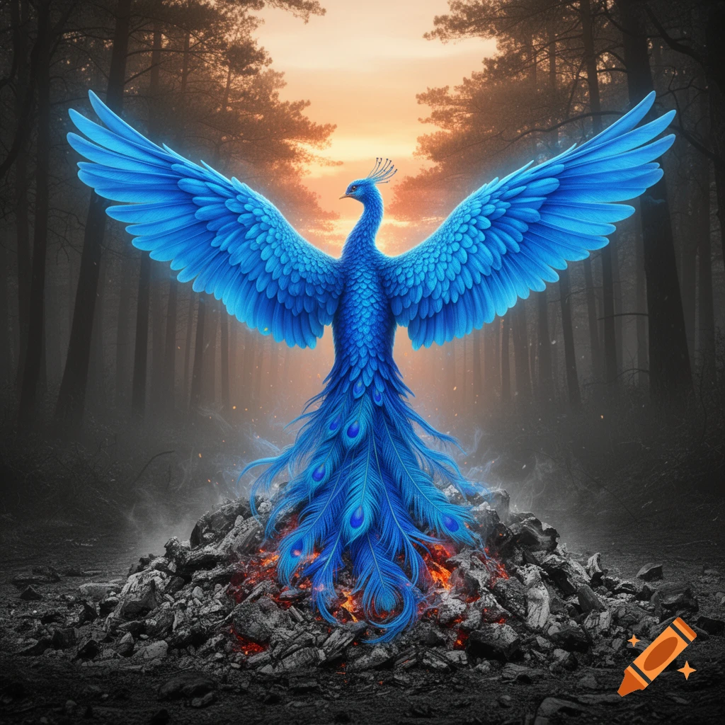 Vibrant blue phoenix-like bird with large wings and peacock feathers rising from glowing ashes in a dark forest at sunset.