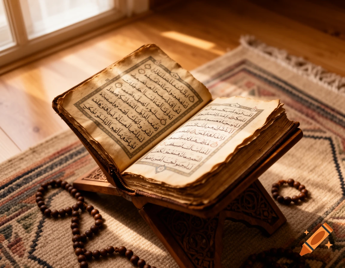 An old, open Quran on a wooden stand with prayer beads on a patterned rug, bathed in warm sunlight.