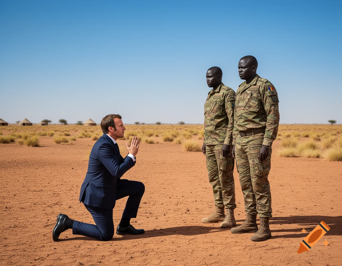 Emmanuel Macron kneels in a desert landscape before two stern-faced soldiers in camouflage uniforms.