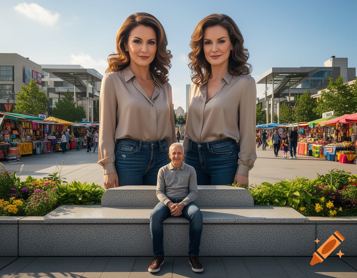 A small man sits on a bench between two giant women in a bustling outdoor market, rendered in a photorealistic style.