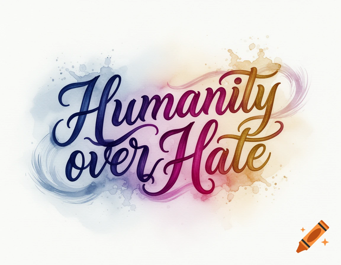 Watercolor script design of the words "Humanity over Hate" with colorful splatters.