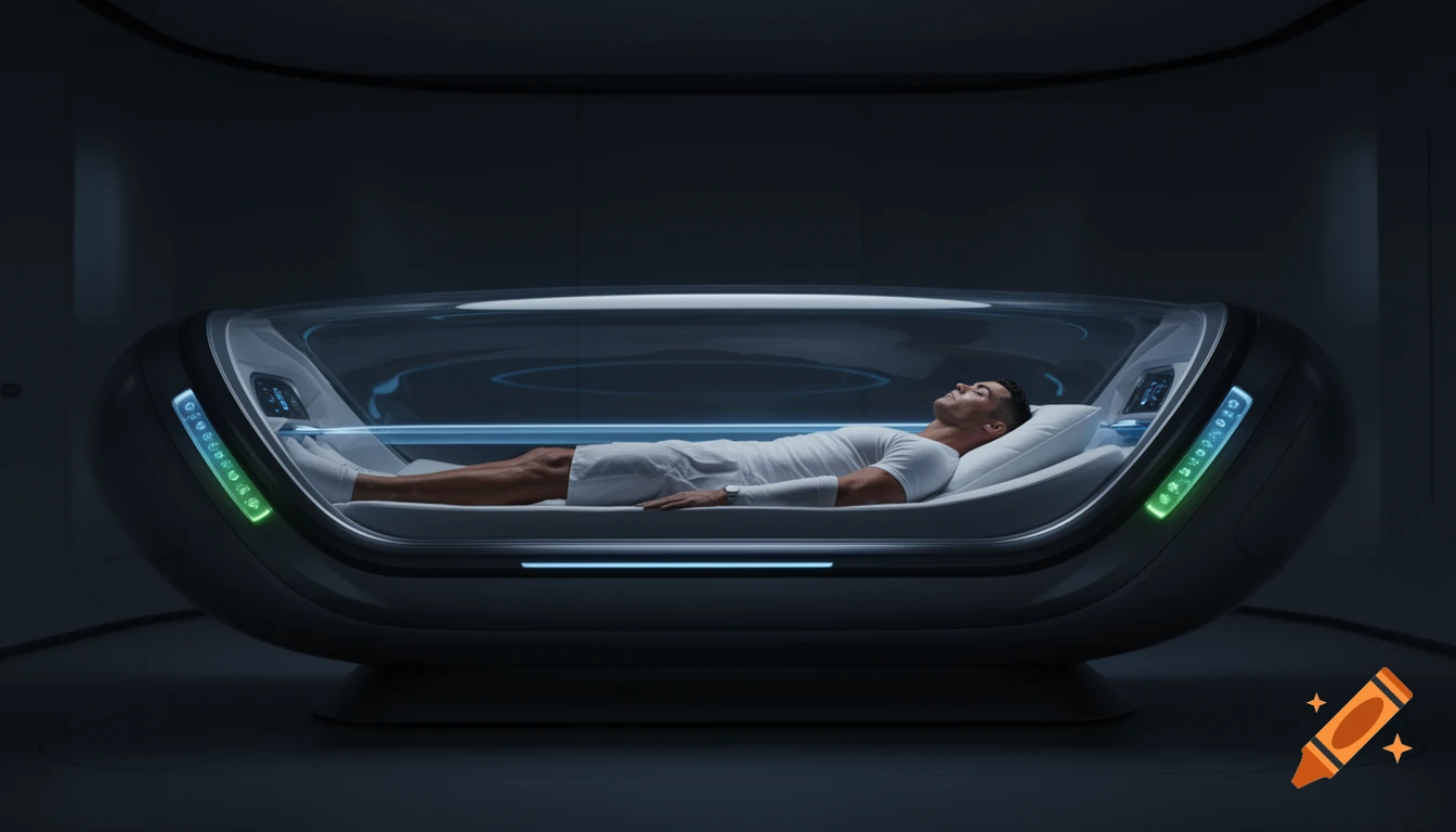 A man sleeps peacefully inside a sleek, futuristic glass sleeping pod with glowing lights in a dimly lit room.
