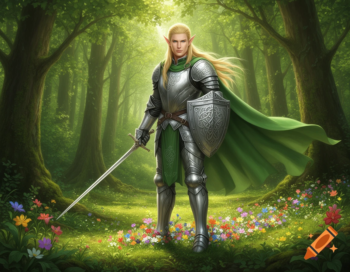 A blonde male elf paladin in silver armor and a green cape, holding a sword and shield, stands in a lush, sunlit forest with colorful flowers.