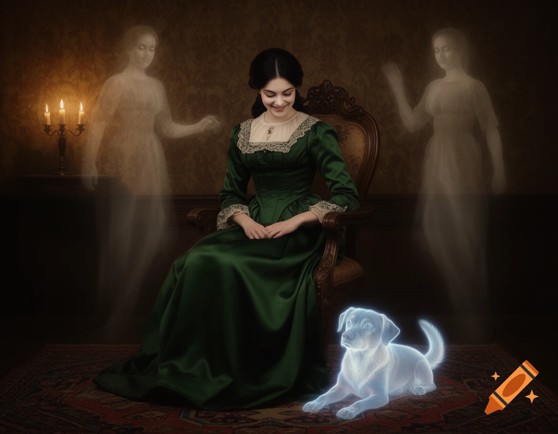 A Victorian woman in a green dress smiles at a glowing ghost dog, with two ghost women in the background of a dimly lit room.