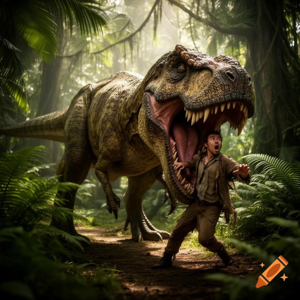A large, photorealistic Tyrannosaurus Rex with an open mouth about to eat a terrified man in a dense jungle.