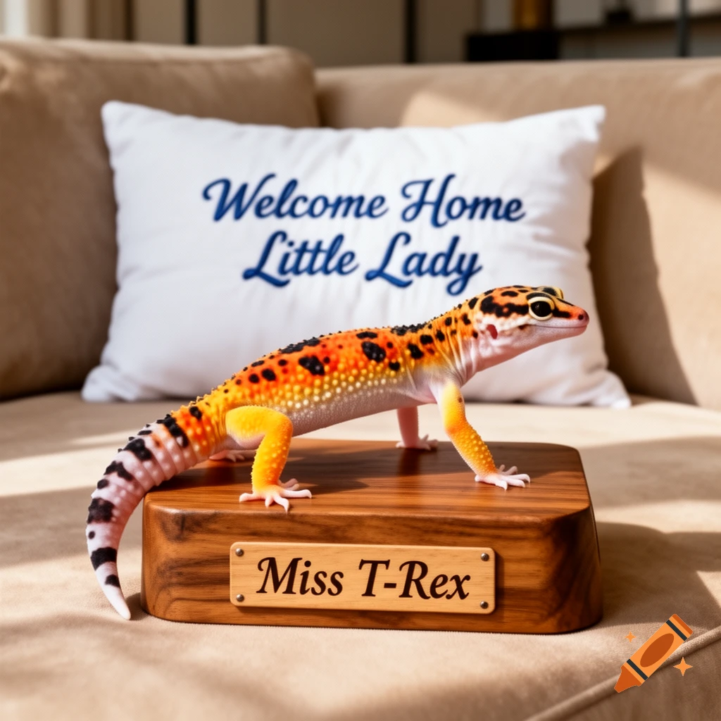 A vibrant orange and black leopard gecko stands on a wooden plaque reading 'Miss T-Rex', with a pillow behind it saying 'Welcome Home Little Lady'.