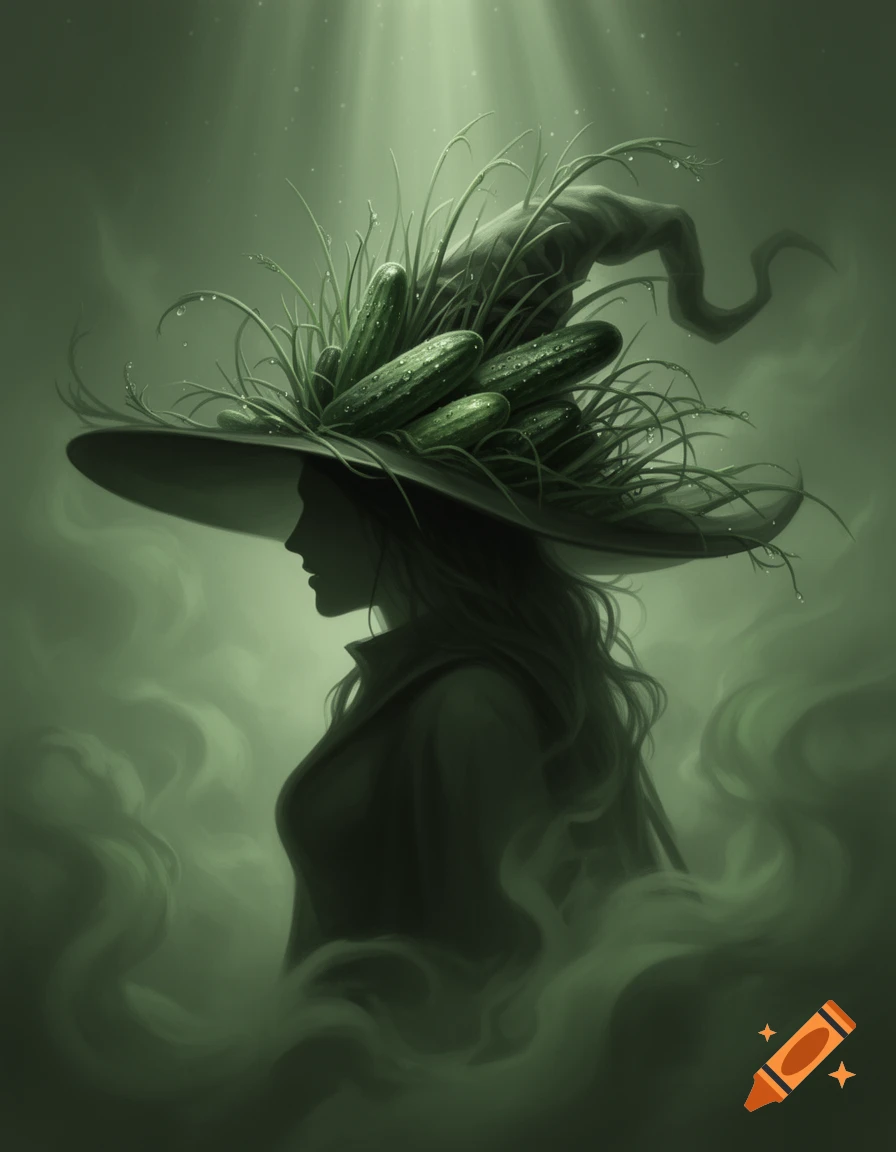 Mysterious silhouette of a witch in a wide-brimmed hat decorated with grass and cucumbers, surrounded by green mist.