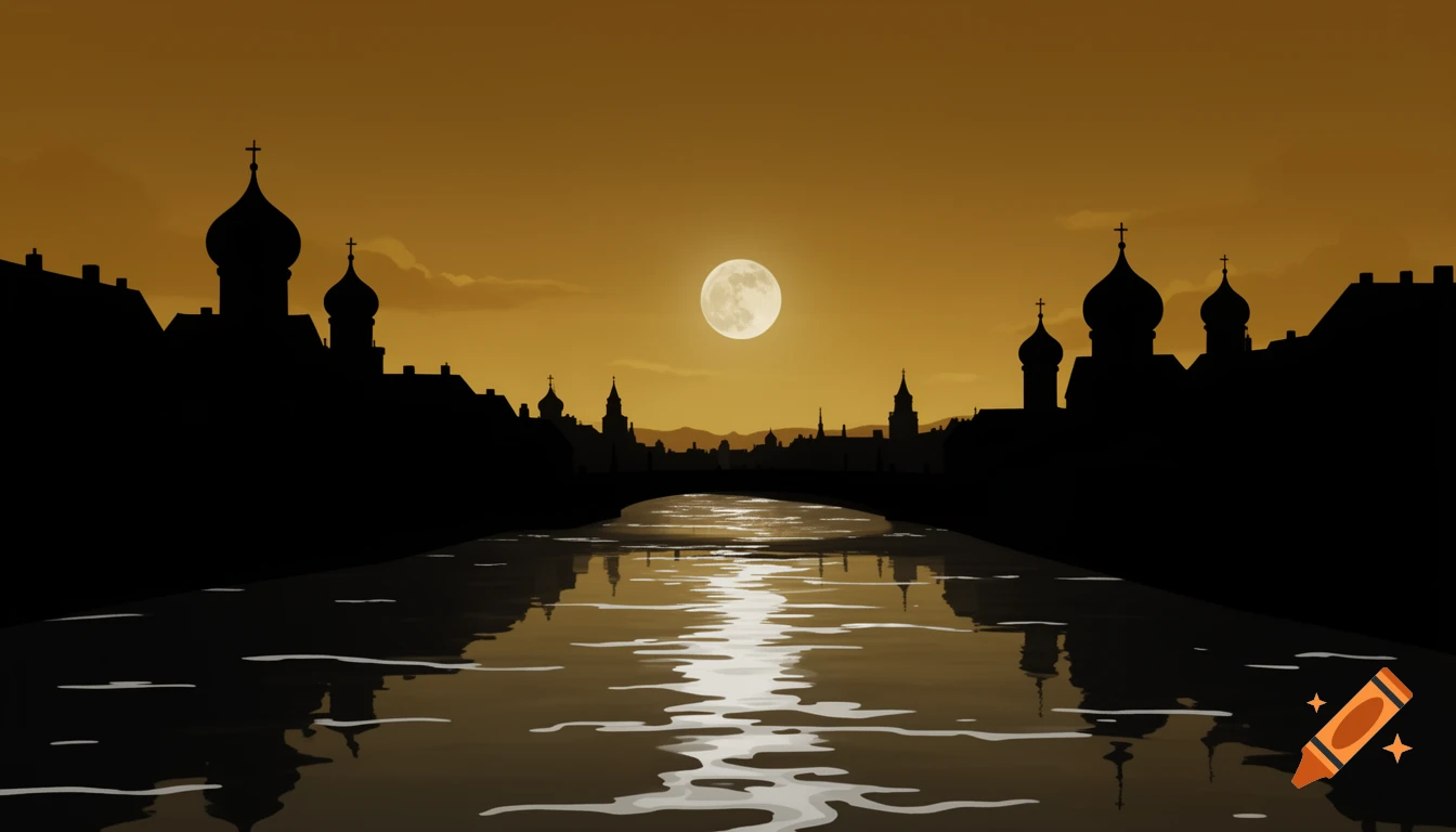 A 2D animated, flat silhouette cityscape with onion domes under a full moon, reflected in a river.