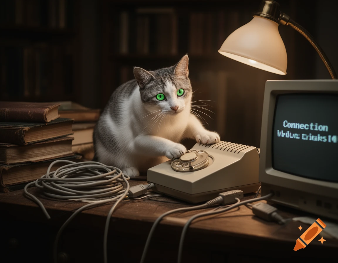 A white and gray cat with glowing green eyes paws at a rotary phone next to an old computer monitor displaying "Connection" and garbled text, surrounded by wires and books in a dim, lit room.
