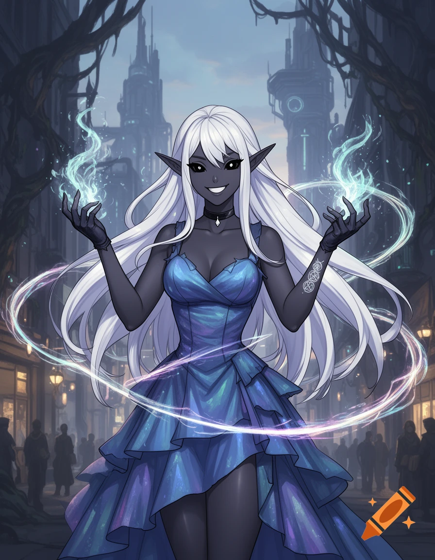 Anime Drow elf with white hair, dark skin, and black eyes, smirking in a blue iridescent dress, casting a spell with glowing hands in an urban fantasy setting.