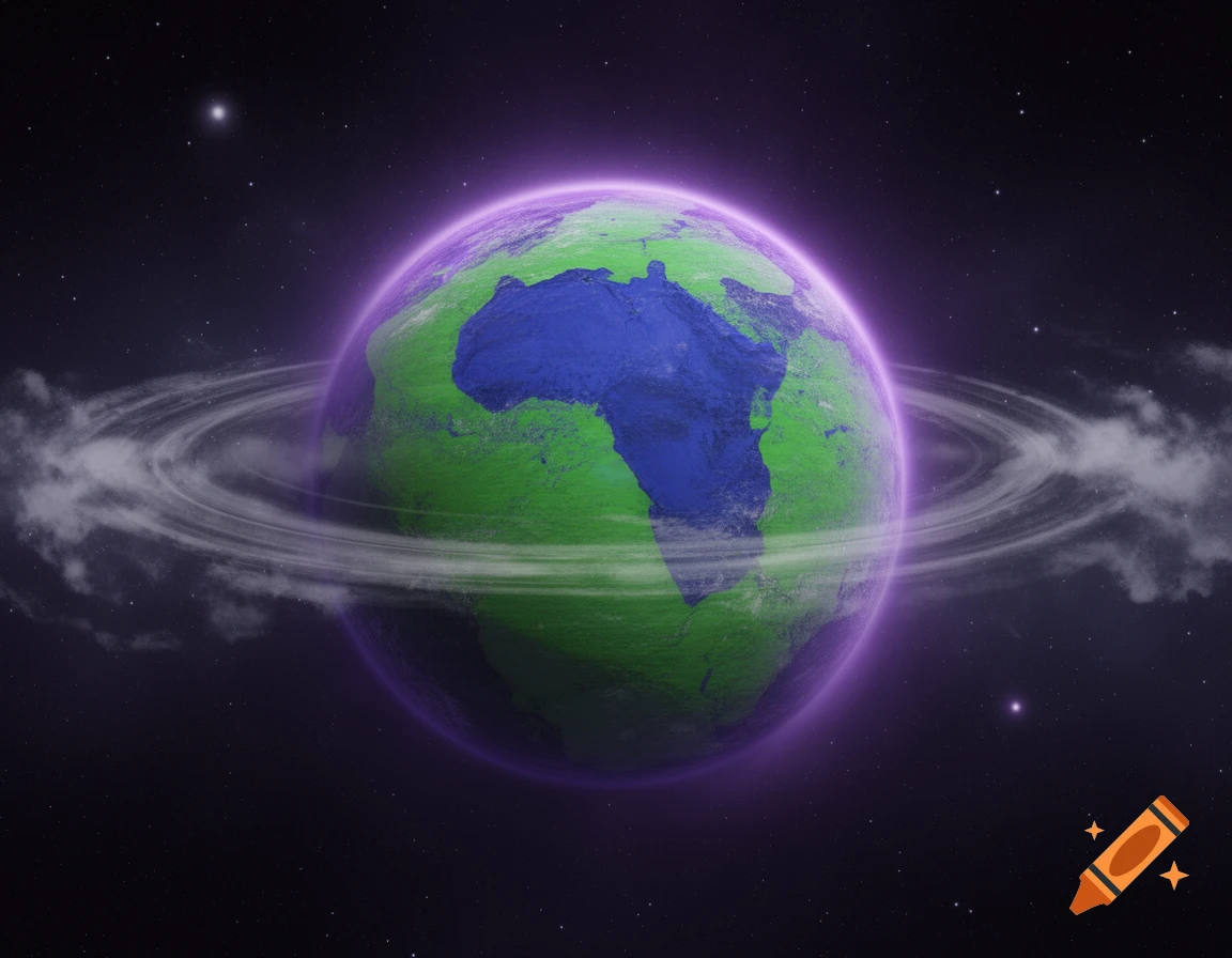 A stylized planet with green land and blue water is enveloped by a purple glow and surrounded by rings and clouds, set against a star-filled dark space.