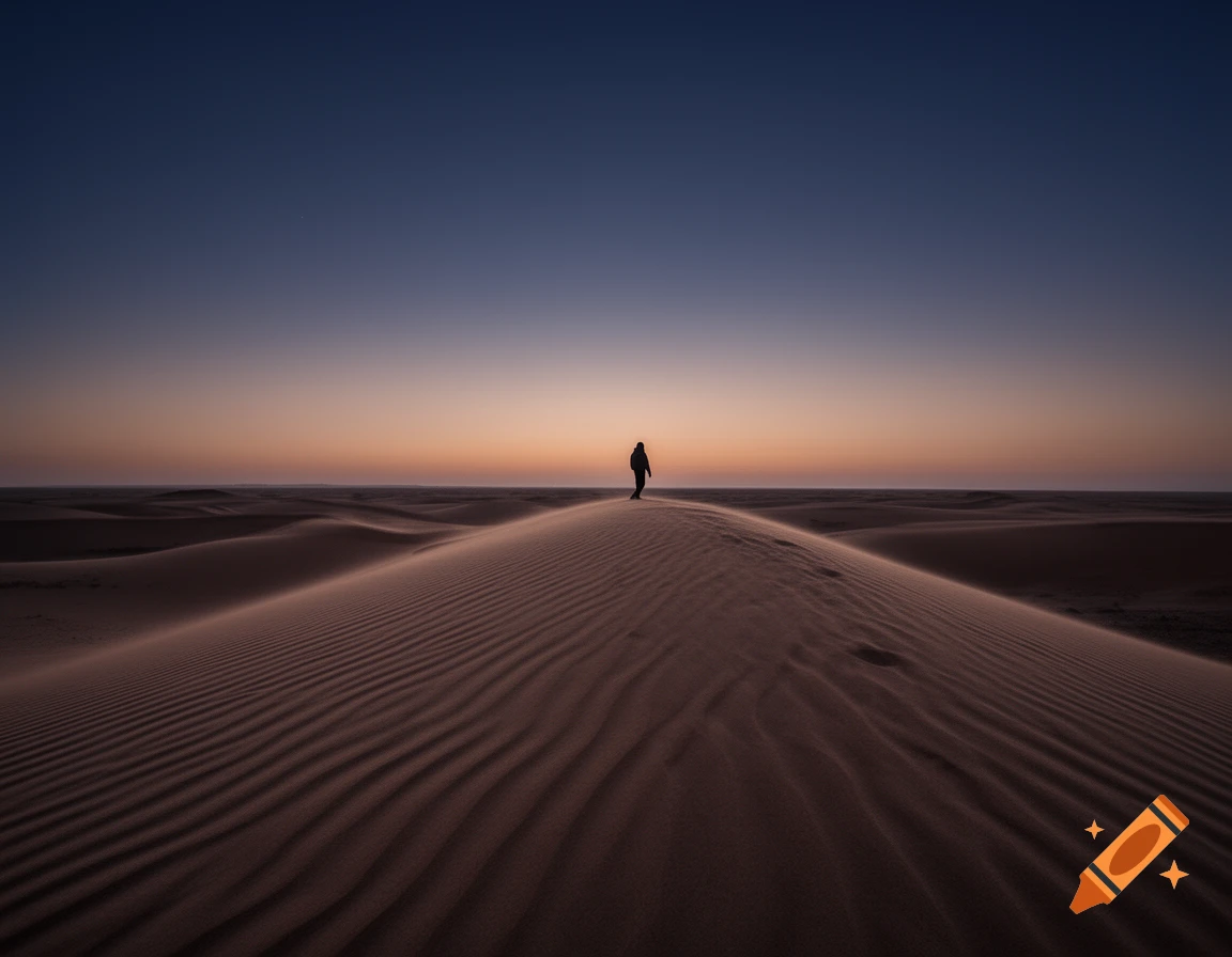 A lone figure walks along a sandy dune at sunset, silhouetted against the gradient sky.