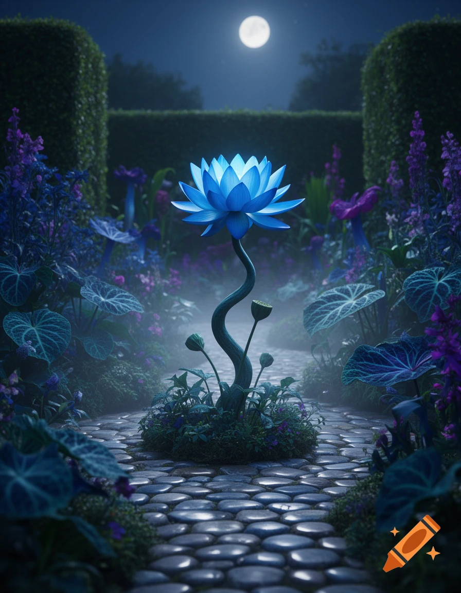 A mystical glowing blue lotus flower stands on a cobblestone path in a moonlit enchanted garden.