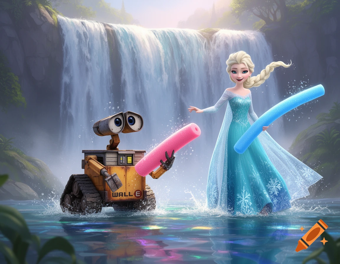 Animated WALL-E and Elsa play with pink and blue pool noodles in a waterfall.