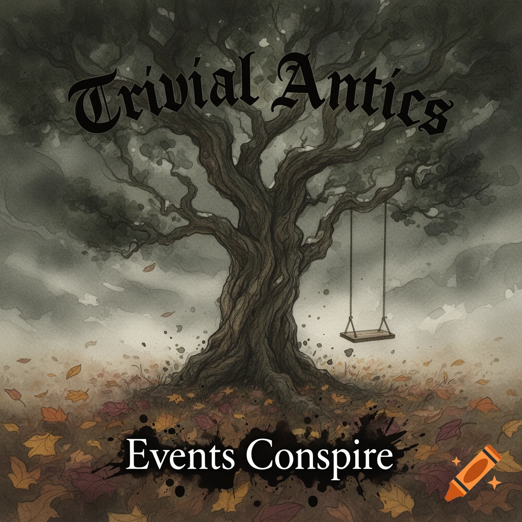 A dark watercolor painting of a gnarled tree with a wooden swing, surrounded by fallen autumn leaves. Text reads "Trivial Antics" and "Events Conspire."