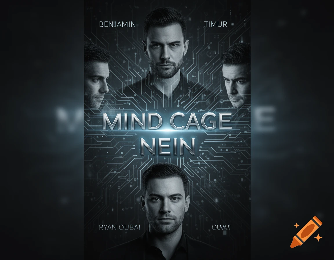 A dark, stylized movie poster featuring a central man with three smaller portraits of men around him. Text reads 'MIND CAGE NEIN' with circuit board lines in the background.
