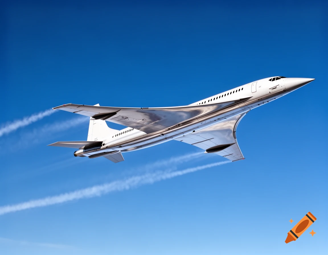 A sleek, white and silver futuristic passenger jet, a blend of Concorde and Eurofighter, flies through a clear blue sky with contrails.