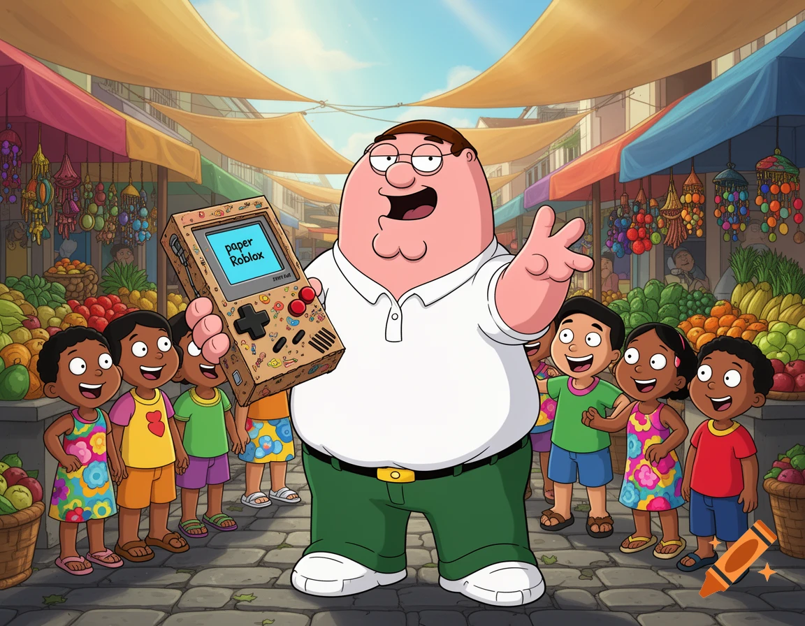 Peter Griffin, in cartoon style, shows a cardboard Game Boy playing "paper Roblox" to smiling children in a bustling outdoor market.