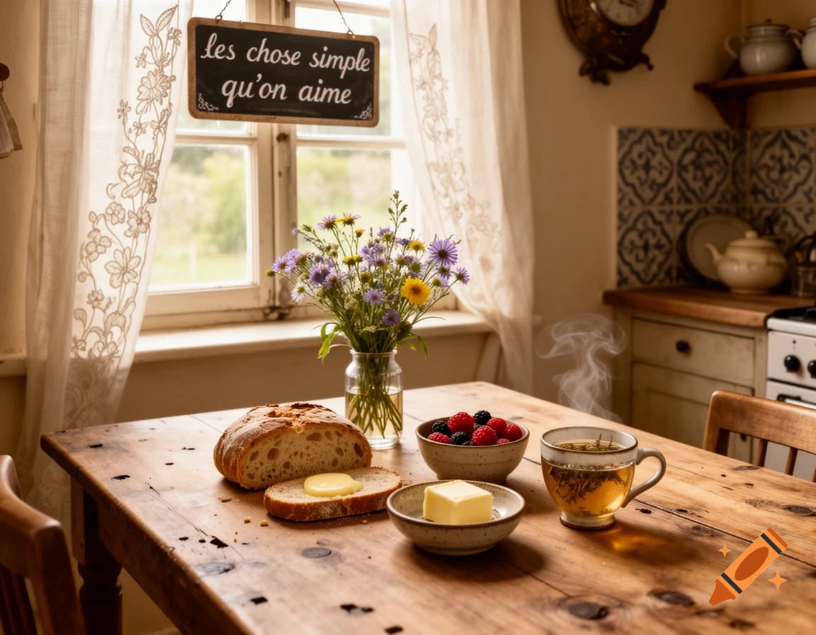 A cozy kitchen table by a window, set with bread, butter, berries, and steaming tea, with wildflowers and a sign that reads 'les chose simple qu'on aime'.