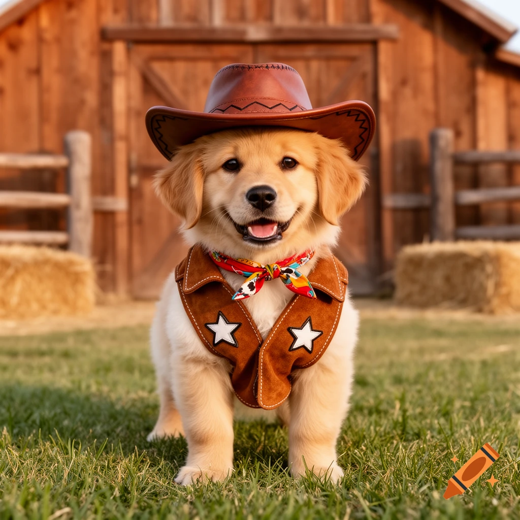 A golden retriever puppy dressed as a cowboy, wearing a hat, vest, and bandana, stands in front of a barn.