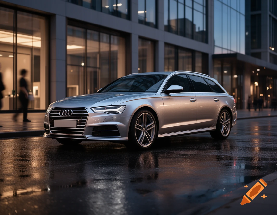 A silver Audi station wagon parked on a wet city street at night, with reflections of buildings.