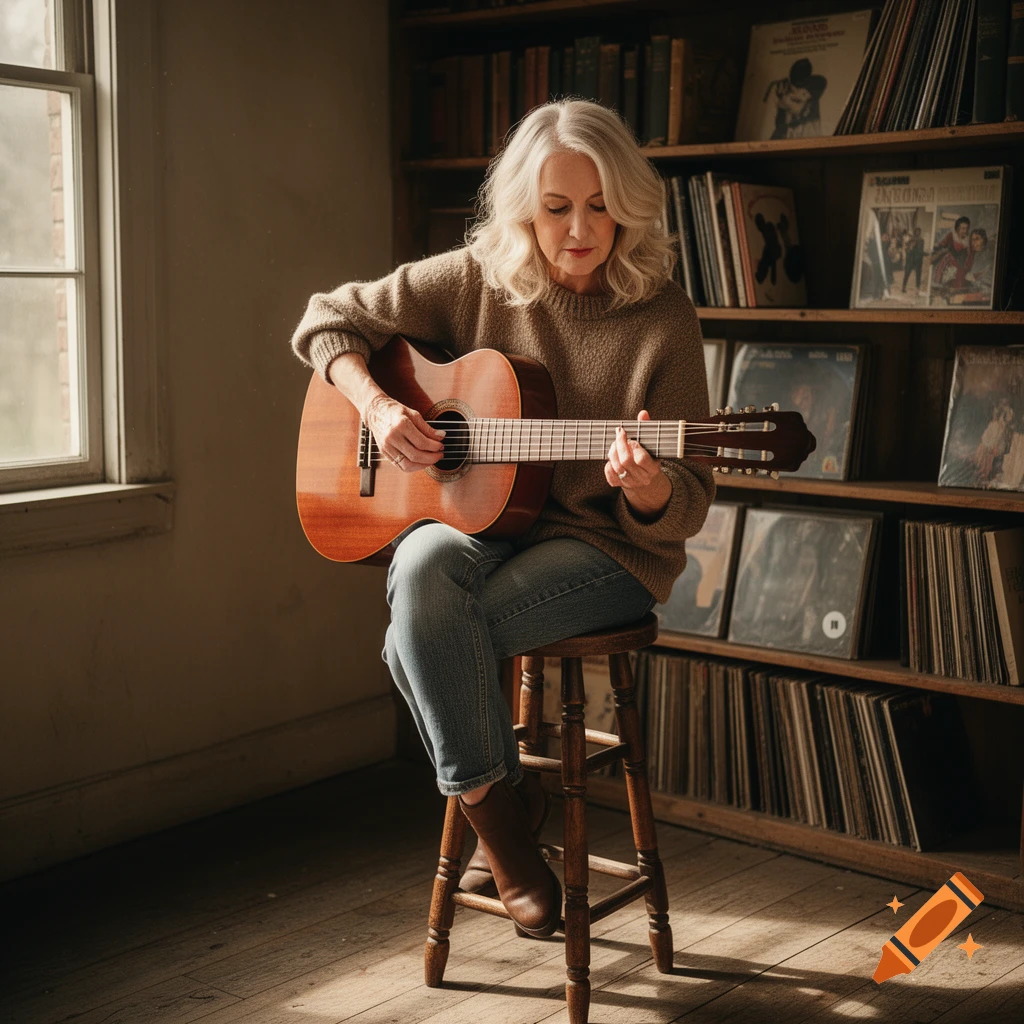 An older woman with grey hair sits on a stool, playing an acoustic guitar in a cozy room with a bookshelf.