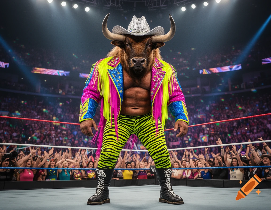 A photorealistic Minotaur wrestler in a flashy pink, blue, and yellow fringed jacket, zebra pants, and black boots stands in a brightly lit stadium ring.