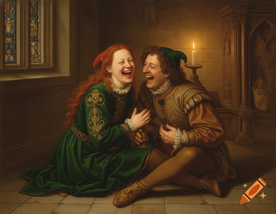 An oil painting of two jesters, one female with red hair and one male with brown hair, laughing on a castle hall floor by candlelight.