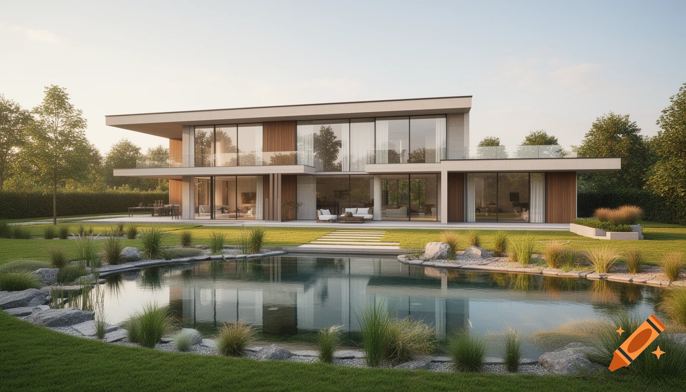 A photorealistic modern house with large windows and wood accents, next to a landscaped pond and green lawn.