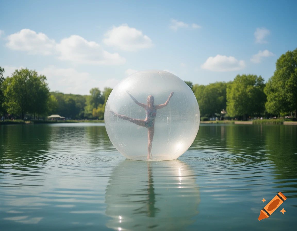 A person in a transparent water walking ball poses on a serene lake with trees and a blue sky in the background.