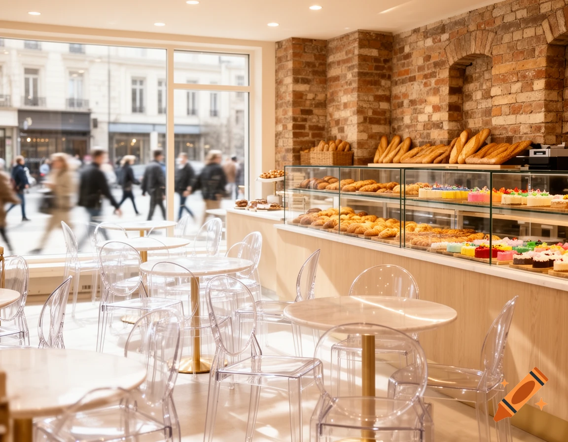 A bright bakery interior with clear tables and chairs, a display of pastries and bread, and a street view through a large window.