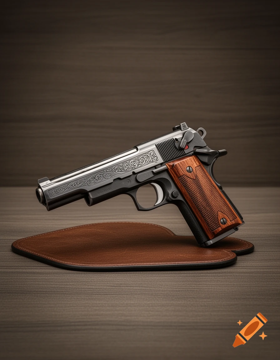 A close-up, photorealistic image of an ornate pistol with a wooden grip resting on a brown leather mat.