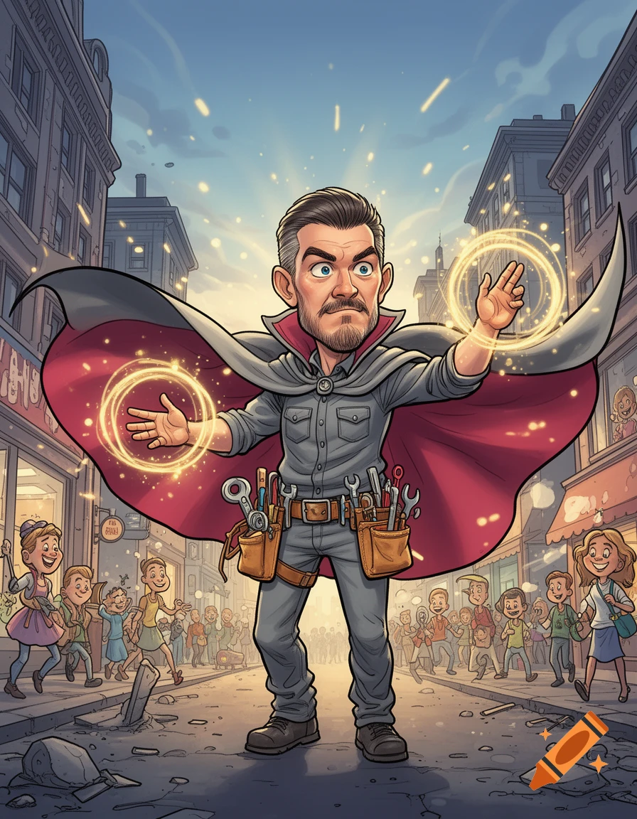 A cartoon superhero-like handyman in a gray uniform and red cape, surrounded by glowing magical rings, stands in a city street with children.