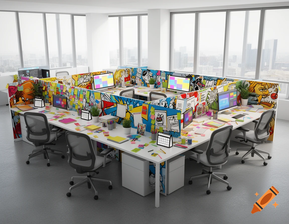 A modern office space with cubicle dividers decorated in colorful pop art comic style, featuring multiple desks, chairs, and computers.