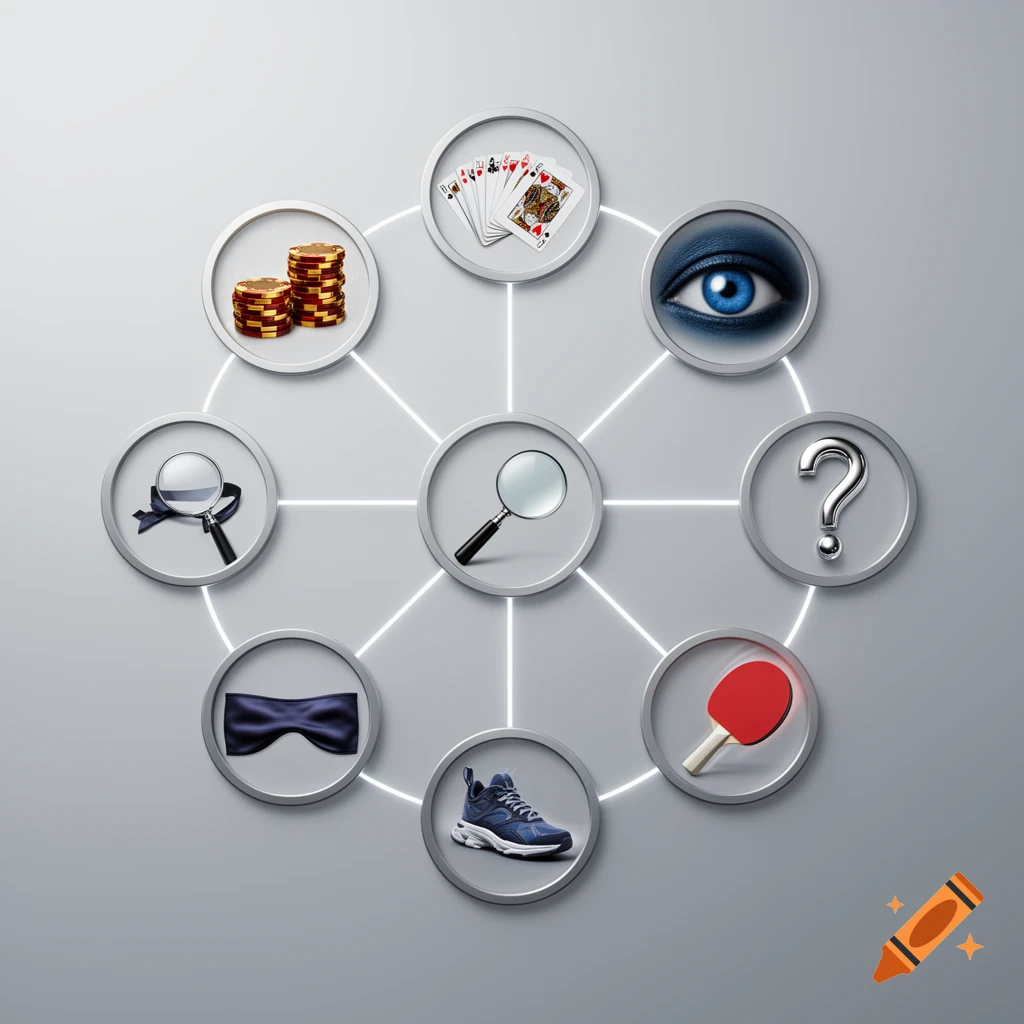 A diagram with eight connected circles, each containing a different icon: poker chips, playing cards, an eye, magnifying glasses, a question mark, a blindfold, a sneaker, and a ping pong paddle, on a grey background.