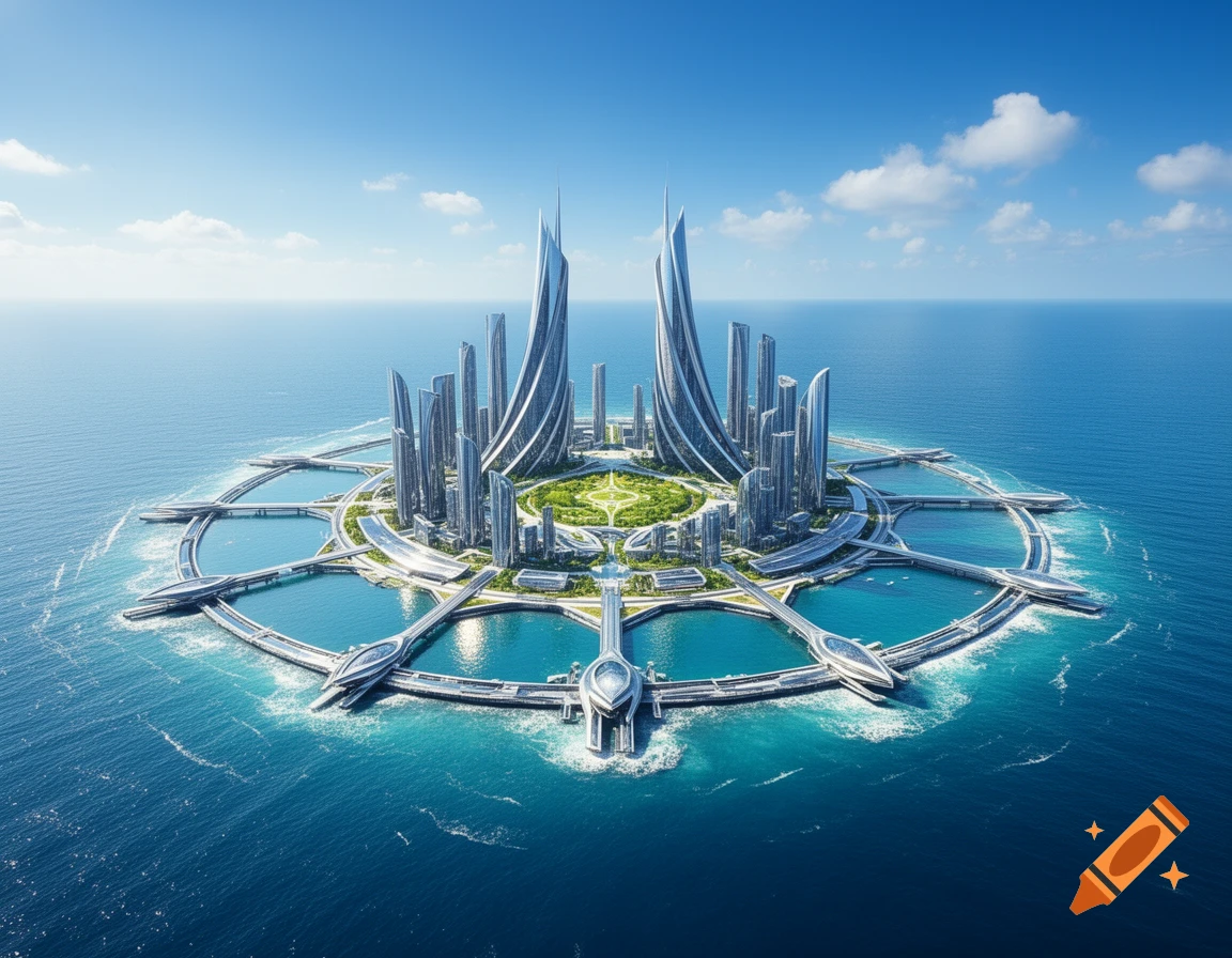 Aerial view of a futuristic, circular city with modern skyscrapers and green spaces, floating on a blue ocean.