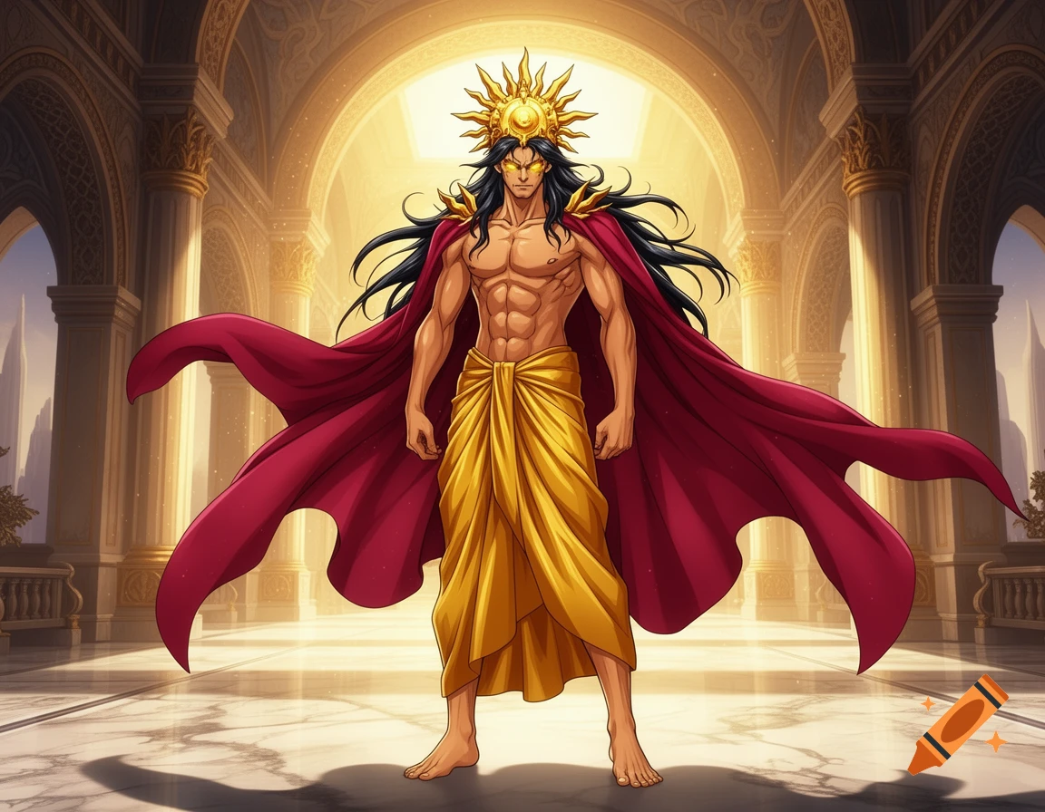 A muscular anime-style sun god with long black hair, glowing eyes, golden dhoti, and a red cloak, standing in a grand palace.