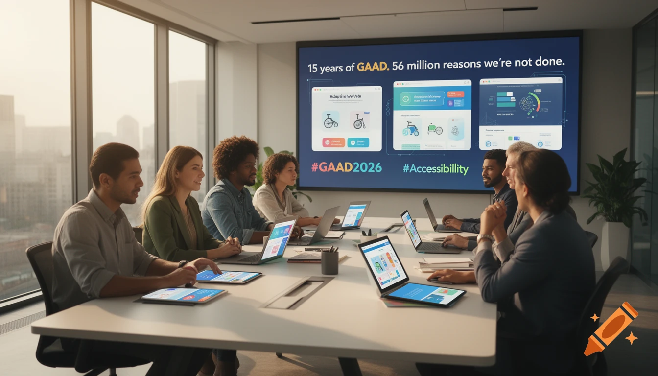 A diverse group of professionals sits around a conference table in a modern office, looking at a large screen displaying information about GAAD and accessibility with web UI examples.