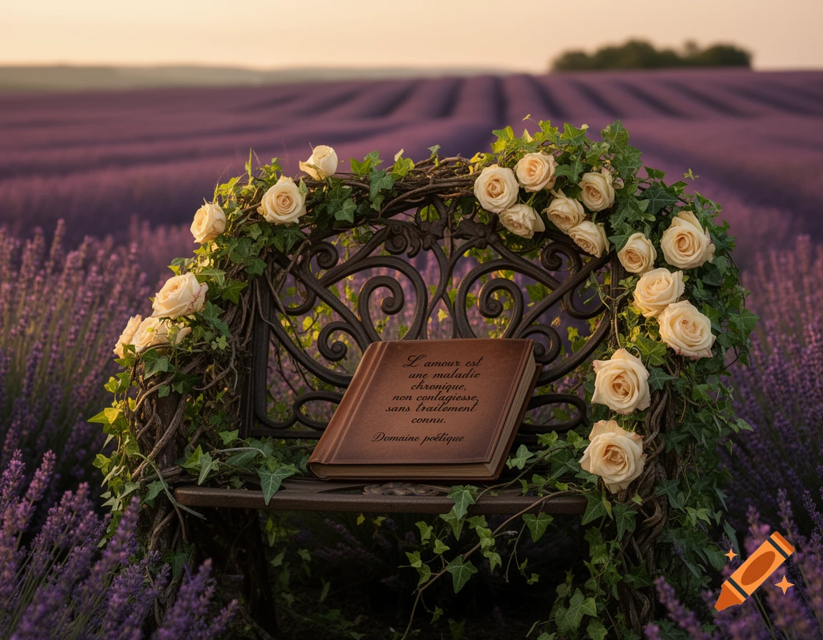 A book with French text on an ornate bench with cream roses and ivy in a lavender field at sunset.