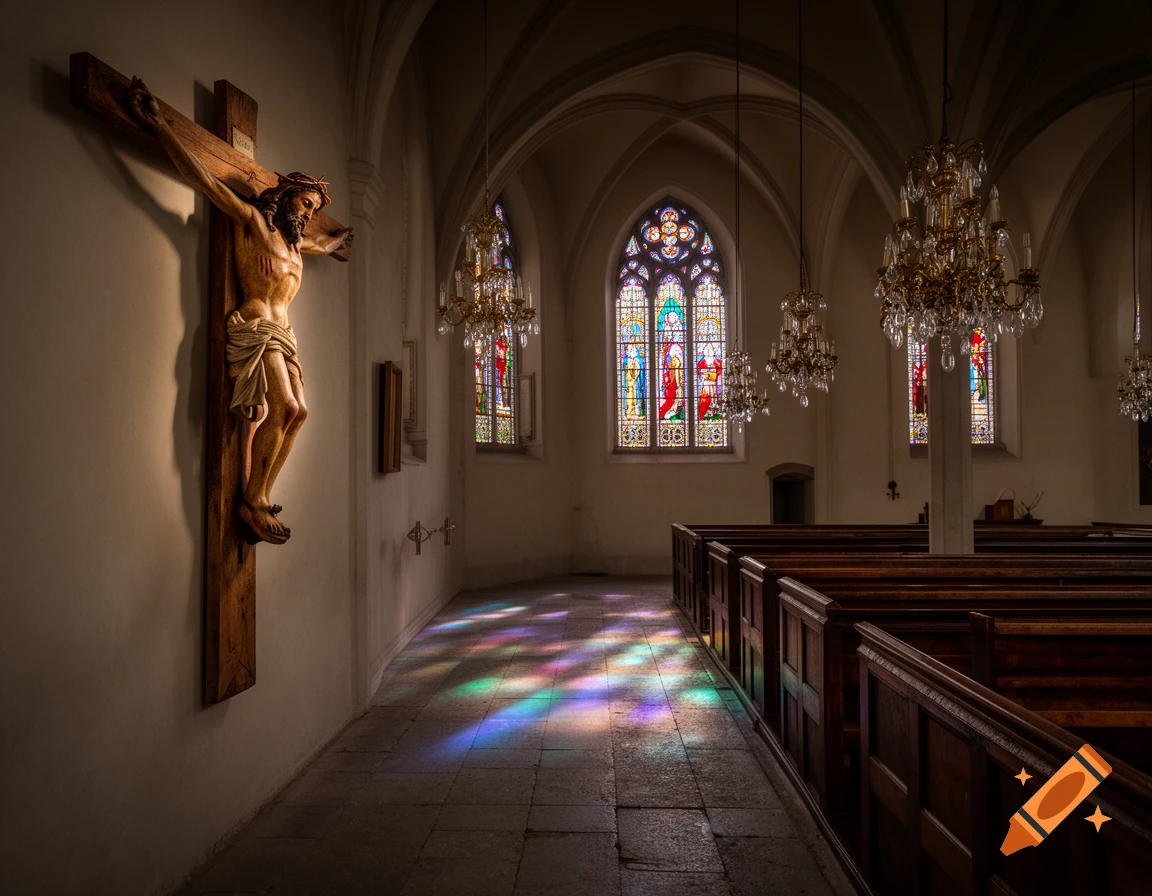 An interior view of a church with a wooden crucifix on the left wall, stained glass windows, and rows of pews.