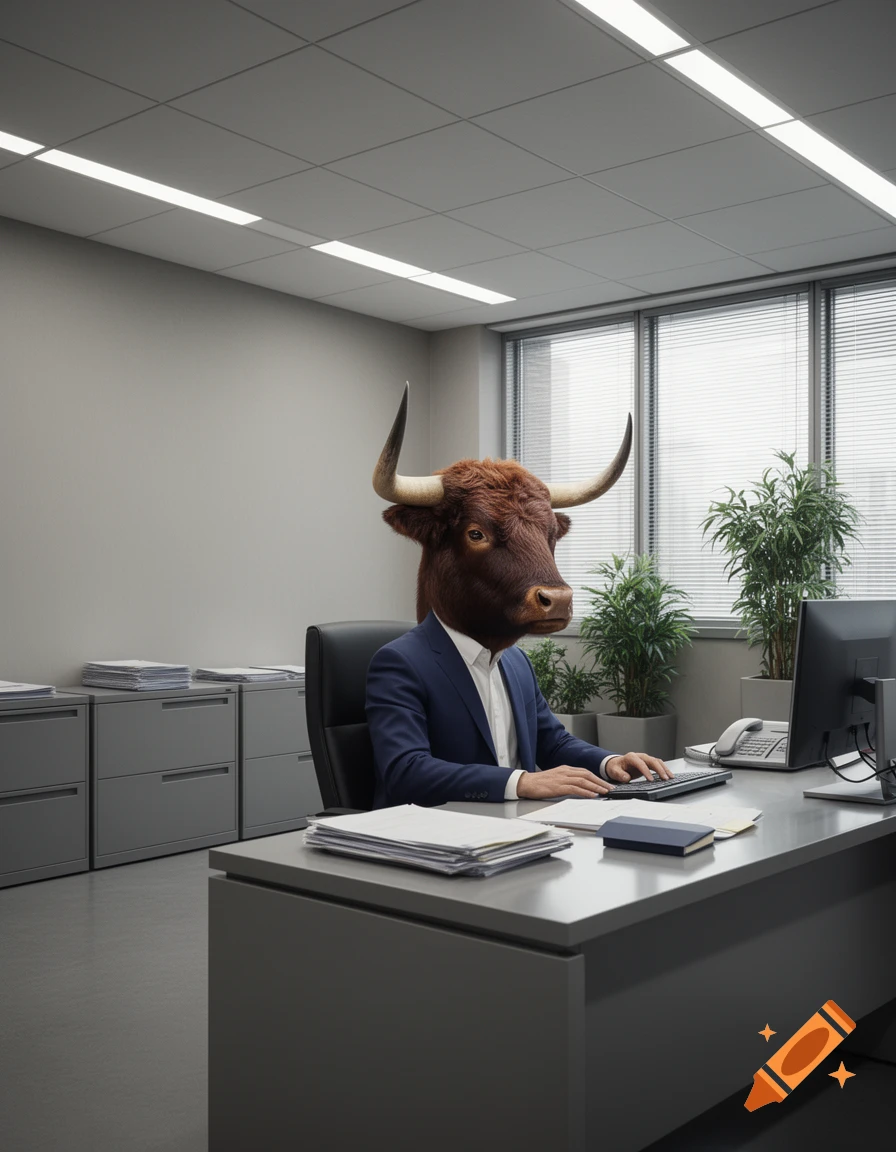 A photorealistic image of a man with a bull's head wearing a suit, typing at an office desk.