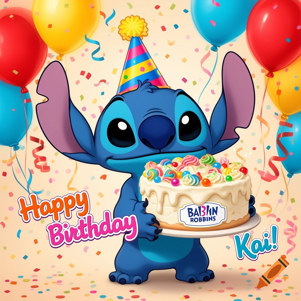 Stitch, wearing a party hat, holds a birthday cake with 'Happy Birthday Kai!' text, surrounded by balloons and confetti.