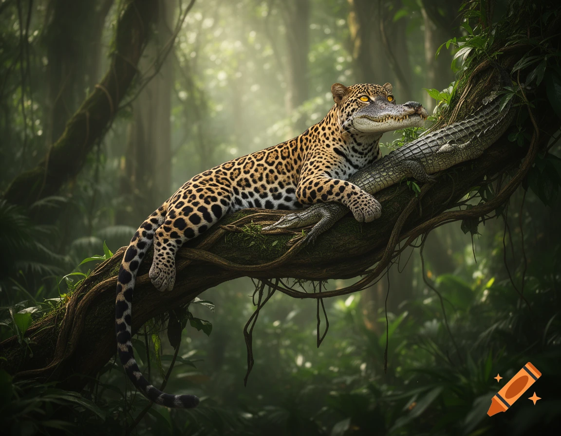 A photorealistic jaguar-crocodile hybrid rests on a mossy tree branch in a lush, misty jungle.