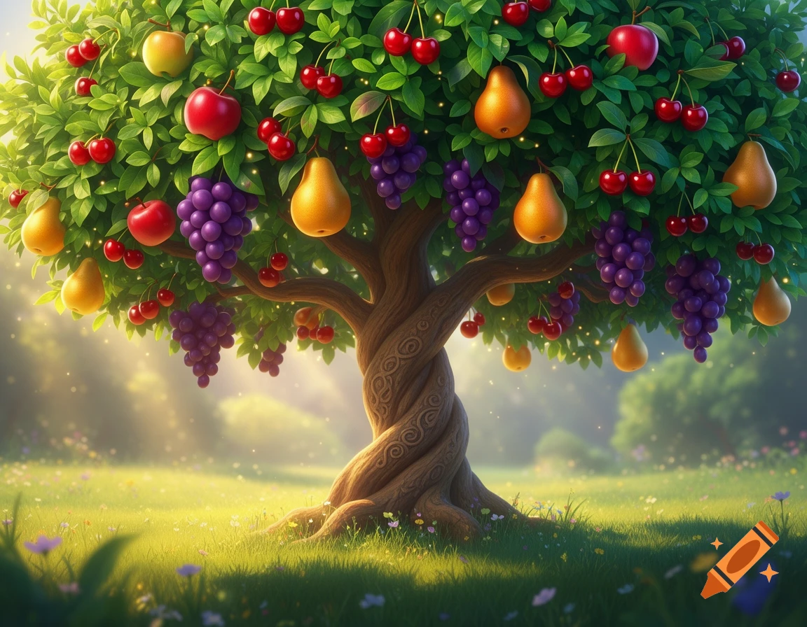 A whimsical tree laden with red apples, yellow pears, purple grapes, and red cherries in a bright, ethereal forest clearing, Disney style.
